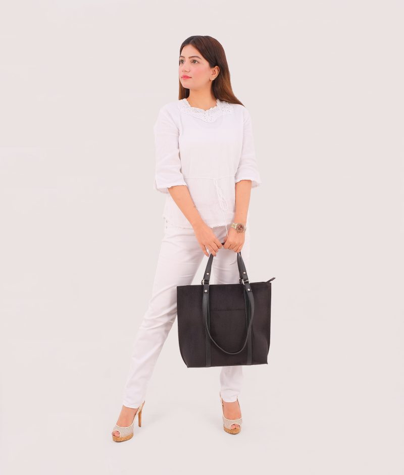 Black suede double-handle tote bag - Image 9