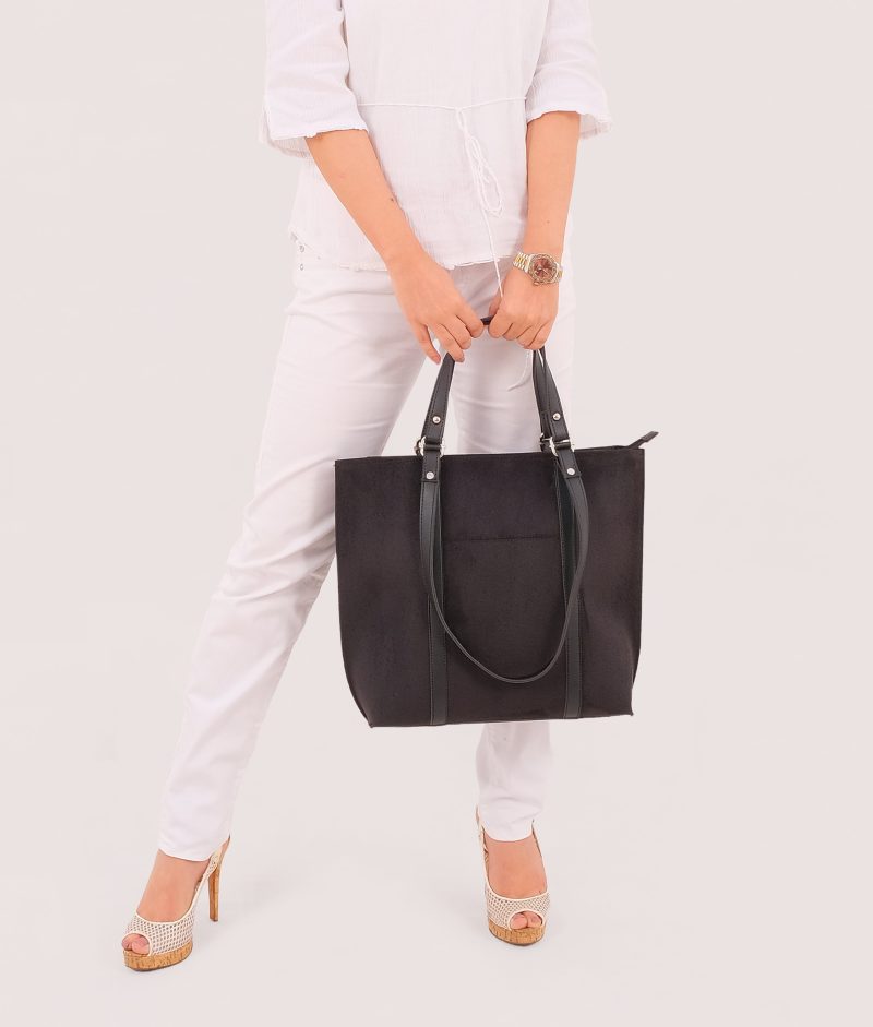 Black suede double-handle tote bag - Image 2